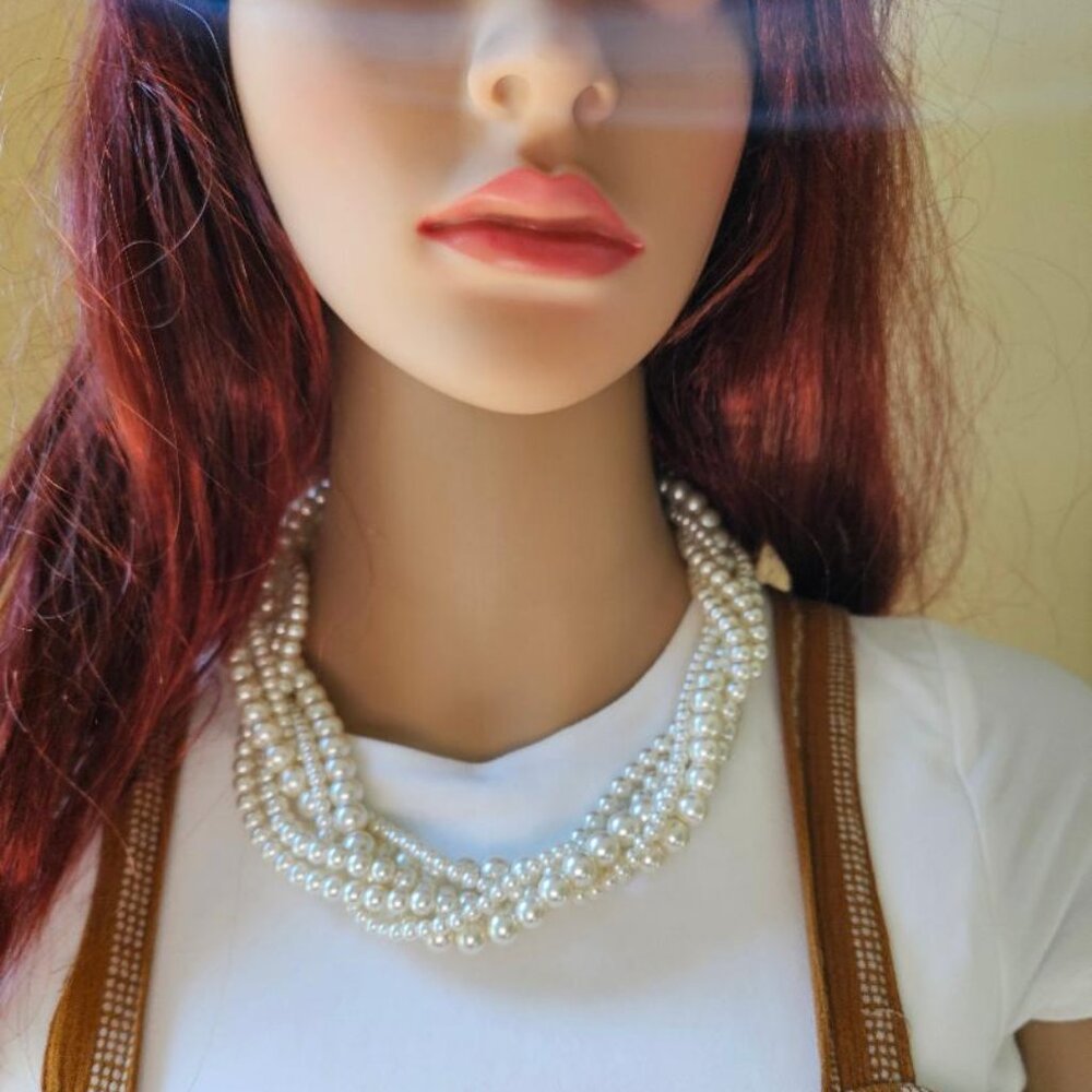 Vintage Faux Glass Pearl multi Strand Necklace light cream